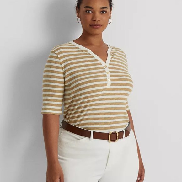 LAUREN RALPH LAUREN Striped Cotton-Blend Henley T-Shirt - Picture 1 of 4